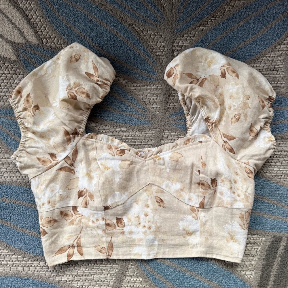 House of‎ Harlow 1960 Samina Floral Cropped Top Linen Blend Puff Sleeves Size 6